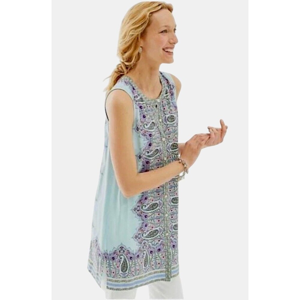 J Jill 2X Paisley Tunic Top Button Front Border Print Boho Coastal